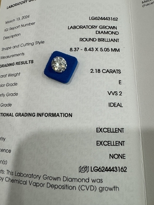 acheter 2.18CT E VVS1 ID EX CVD Diamant synthétique en coupe ronde brillante online manufacture