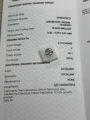 acheter 3.19CT F VS1 3EX CVD cultivé en laboratoire Diamant découpé en forme ronde Certificat IGI LG626472973 online manufacture