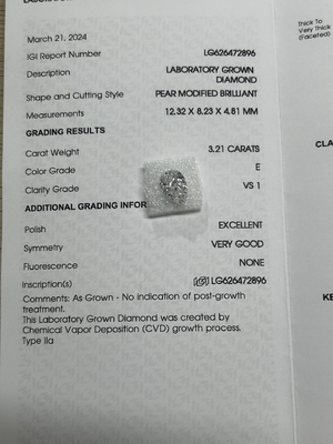 acheter 3.21CT E VS1 EX VG CVD Lab Cultivé Diamant Poire Brillant coupé IGI Certifié online manufacture