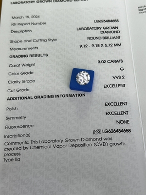 acheter 3.02ct CVD Laboratoire Diamant de taille ronde G VVS2 3EX N Certifié IGI online manufacture