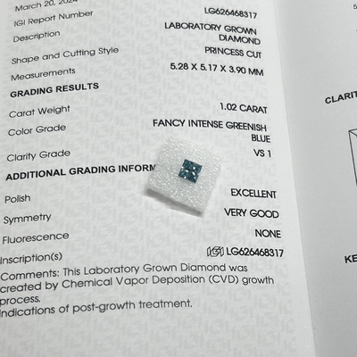 acheter 1.02CT Fabuleux bleu vert intense VS1 EX VG CVD Lab Développé Diamant Princesse coupé Certifié IGI online manufacture