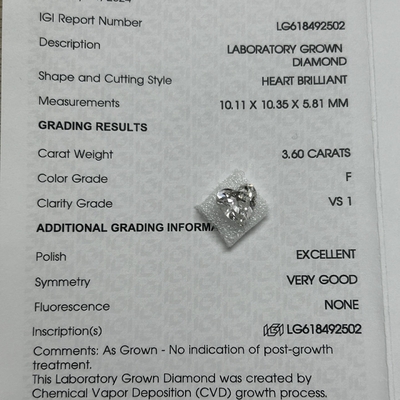 acheter 3.6ct Fabriqué en laboratoire Diamants Coeur Brillant Coupe CVD F VS1 2EX N IGI LG618492502 online manufacture