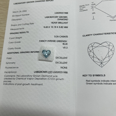acheter 3.26ct CVD en forme de cœur en laboratoire Diamant fantaisie bleu vert intense VS2 2EX N online manufacture