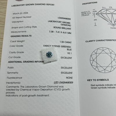 acheter 1.56ct Fantastique intense vertâtre bleu de laboratoire Diamant de taille ronde CVD FVS1 3EX N IGI online manufacture