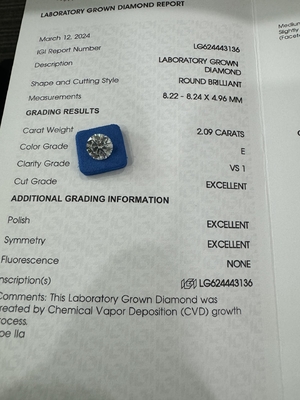 2.09CT E VS1 3EX CVD à découpe ronde Diamant cultivé Certificat IGI LG624443136
