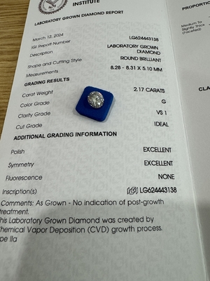 2.17CT G VS1 3EX Laboratoire de dépistage des maladies cardiovasculaires Créé avec un diamant de coupe ronde Certificat IGI LG624443138