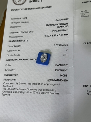 3.37ct Diamant artificiel Ovale Brillant coupé CVD G VS1 2EX N IGI LG6169427133
