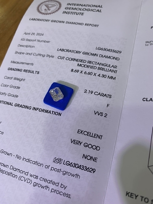 2.19ct Laboratoire Diamant Radiant Cut CVD F VVS2 EX VG N IGI LG630433629