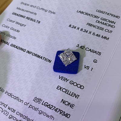 3.42CT G VS1 EX VG CVD Laboratoire Diamants cultivés Princess Cut OEM ODM