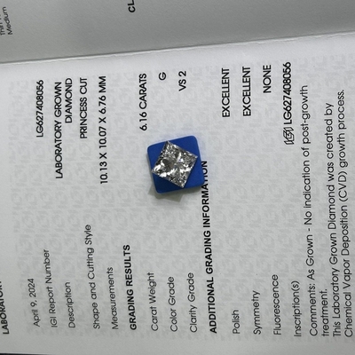 6.16 carats G VS2 2EX CVD Princess Cut Lab Créé par un diamant certifié IGI