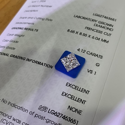 4.12CT G VS1 2EX CVD Lab Créé Princesse Diamant coupé pour la fabrication de bijoux