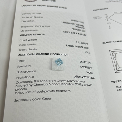 1.52CT bleu intense et raffiné VS2 2EX CVD Lab Diamant adulte en forme de princesse