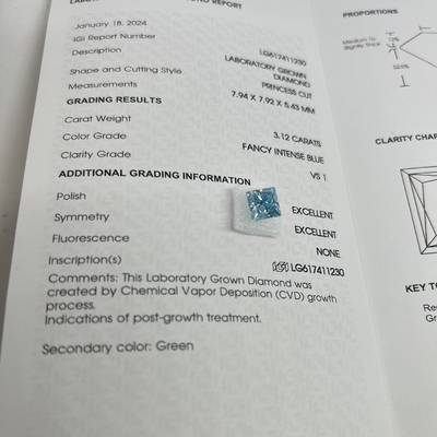 3.12CT Fancy Intense Bleu Fabriqué en laboratoire Diamants VS1 2EX CVD Princess Cut