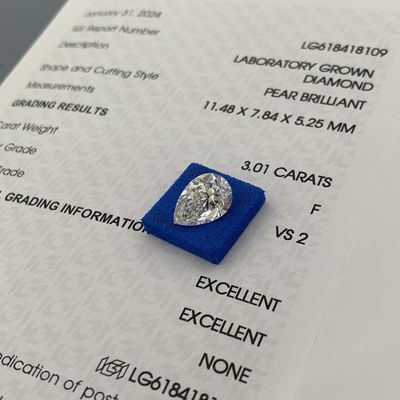3.01CT F Couleur VS2 Clarté 2EX Poire en forme de diamant cultivé en laboratoire
