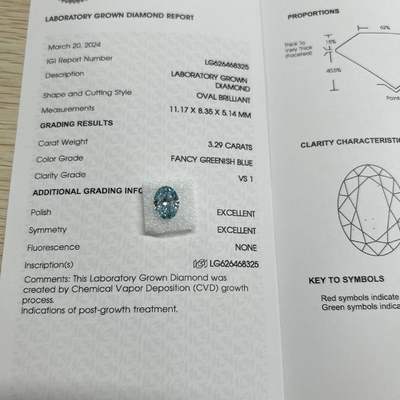 3.29ct Diamant de laboratoire Ovale coupé CVD bleu verdâtre VS1 2EX N