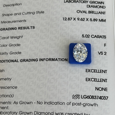 5.02ct VS2 F Diamants artificiels en laboratoire Diamants cultivés en coupe ovale