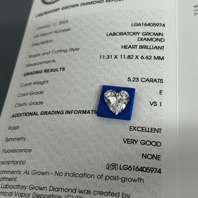 5.23ct Diamants de brillance de taille adulte Coupe cardiaque CVD E Couleur VS1 Clarité 2EX N IGI