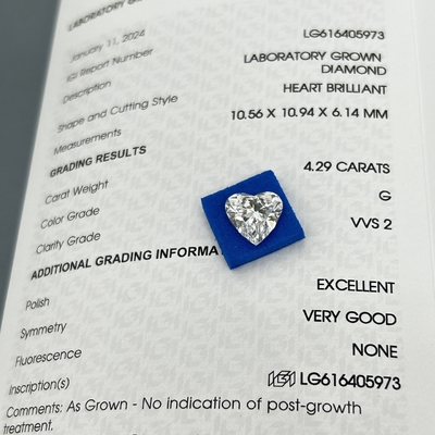 4.29ct Diamants cultivés en laboratoire coupure cardiaque CVD G Couleur VVS2 2EX N IGI