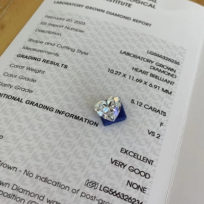 5.12ct Laboratoire cardiaque Diamants cultivés MTCF VS2 2EX N IGI LG566326236