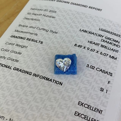 3.02ct En laboratoire en forme de cœur en forme de diamant F SI1 2EX N IGI LG566326237