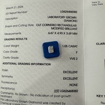 HYF 2.06ct Cultivé en laboratoire Diamant radiant coupé VVS2 Clarté F Couleur