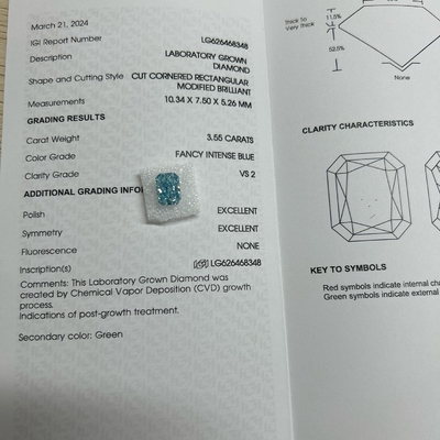 3.55ct VS2 Diamant bleu synthétique Diamants cultivés en laboratoire HPHT Bleu vif
