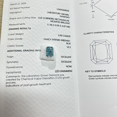 Décoré en laboratoire en diamants de coupe rayonnante Fabriqué en laboratoire en bleu vert intense 5.9ct VS2