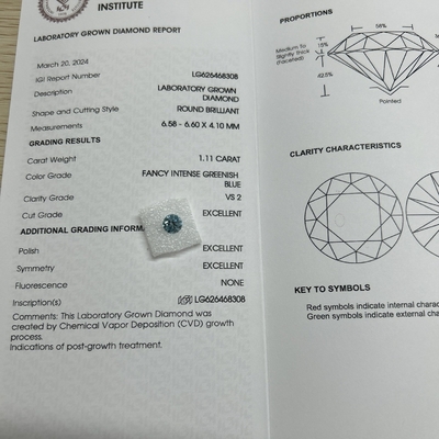 Carat 1,11ct Clarité VS2 Créé en laboratoire Diamant bleu Forme ronde